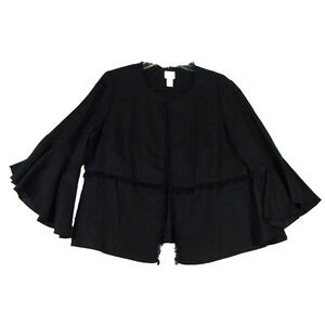 Chicos Womens Sz 1 Black 100% Linen 3/4 Bell Sleeve Fringe Trim Cardigan Boho‎